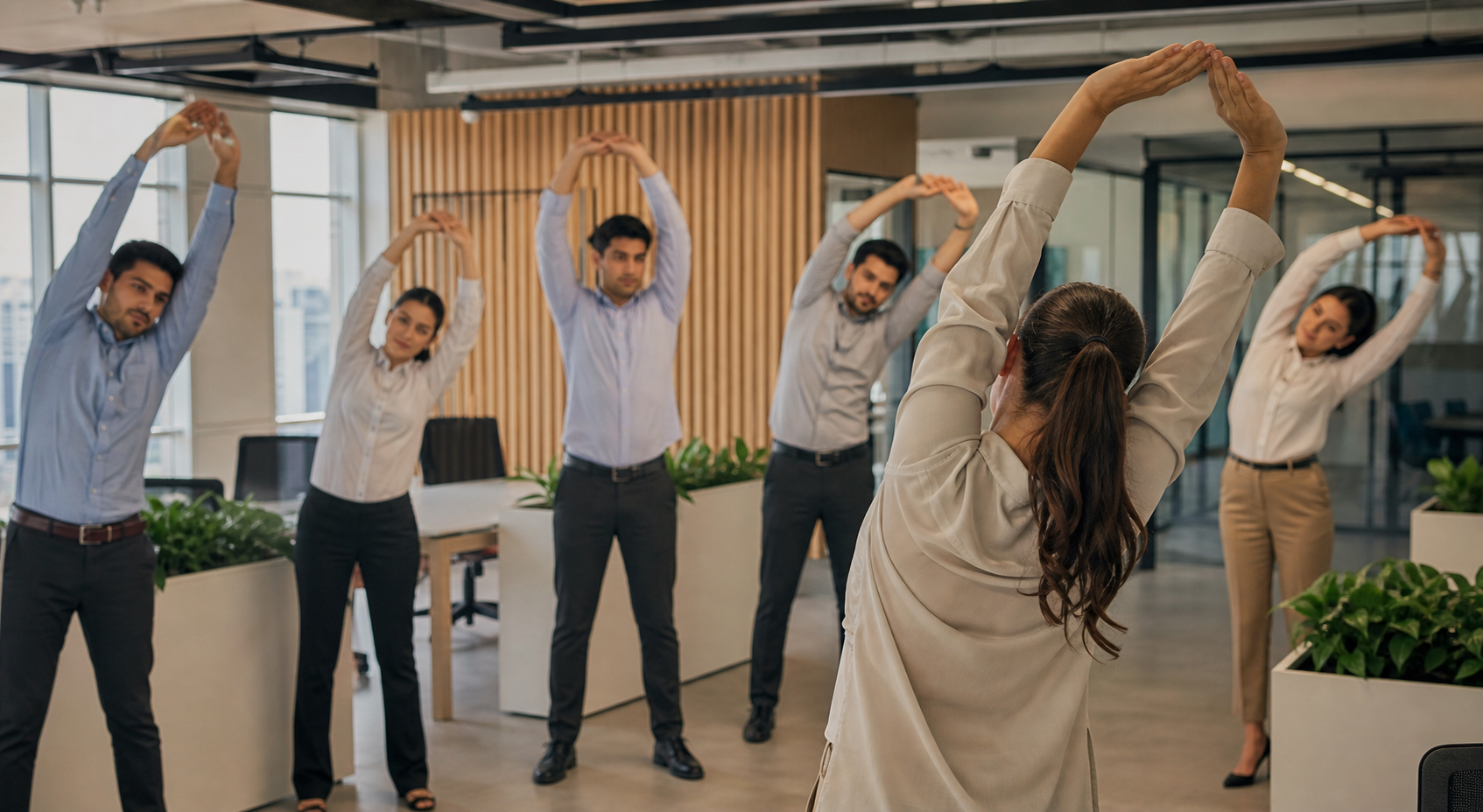 Colaboradores participando de atividade de bem-estar em ambiente corporativo.