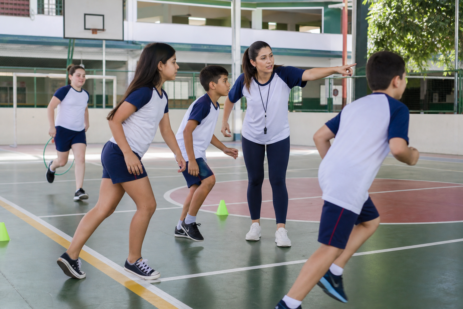 Crianças em atividade esportiva orientada em ambiente escolar.